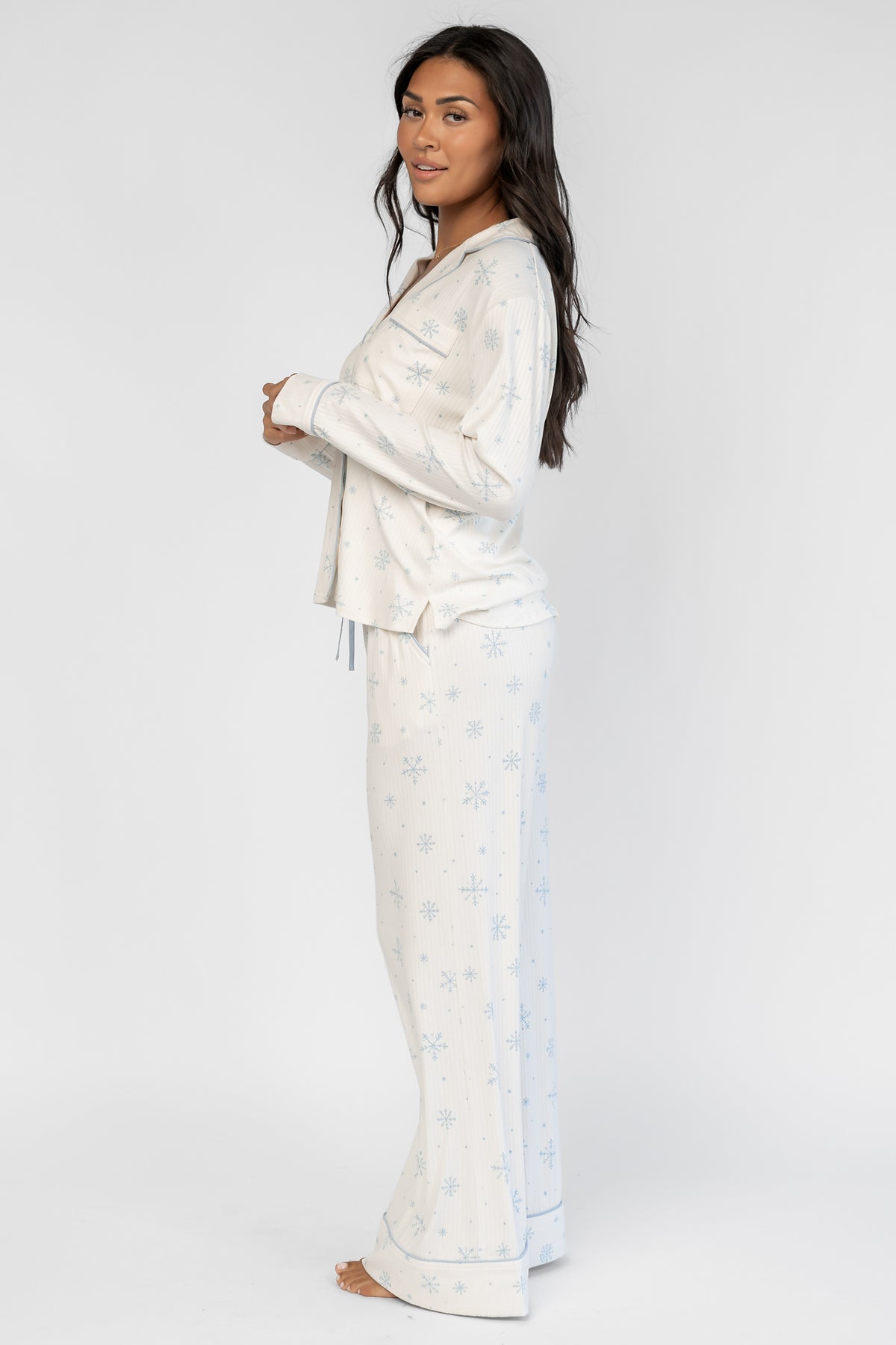 Holiday Cozy Rib Knit Pajamas | Ivory + Ice Blue