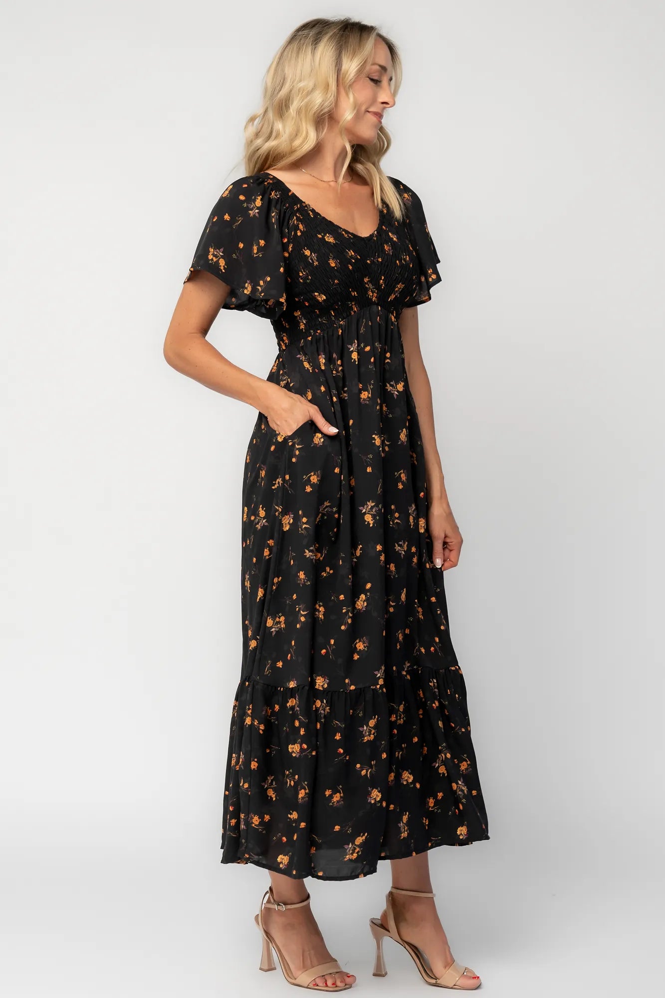 Joanie Smocked Dress | Black Golden Floral