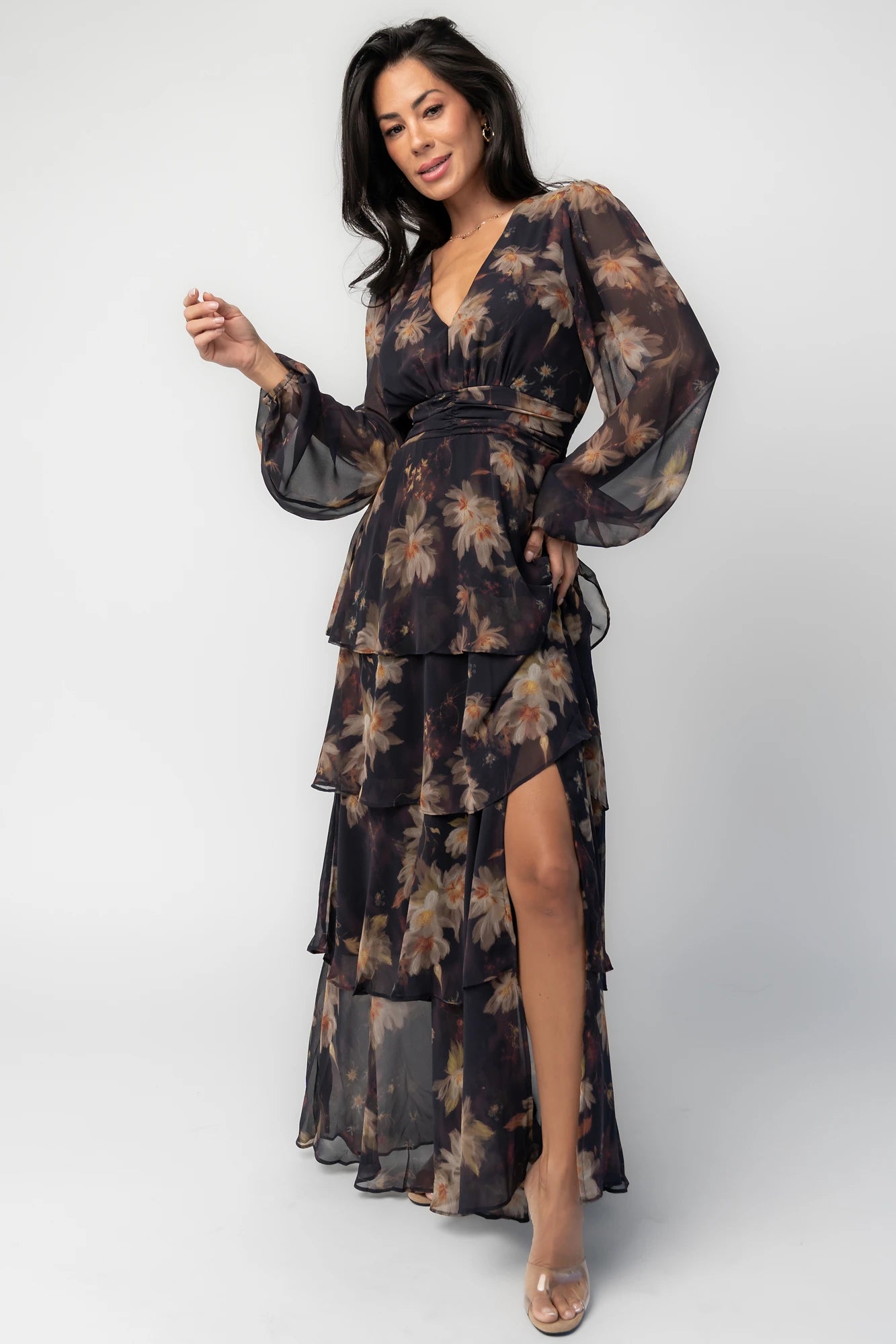 Baltic Born Womens Mariella Tiered Maxi Dress | Midnight Gold Floral