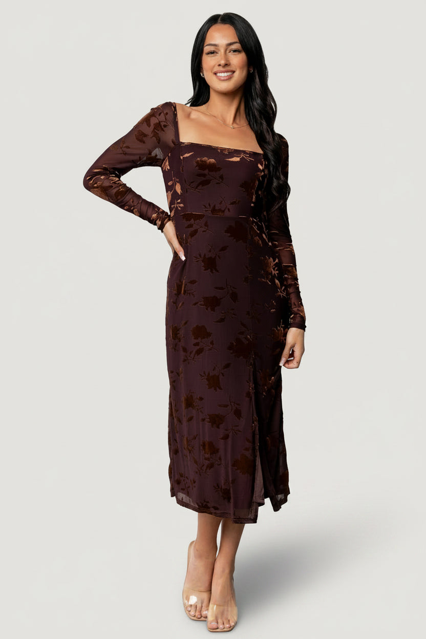 Baltic Born Womens Tamara Midi Dress | Deep Plum + Dark Bronze Floral | Size: XL Baltic Born Womens Tamara Midi Dress | Deep Plum + Dark Bronze Floral | Size: XL