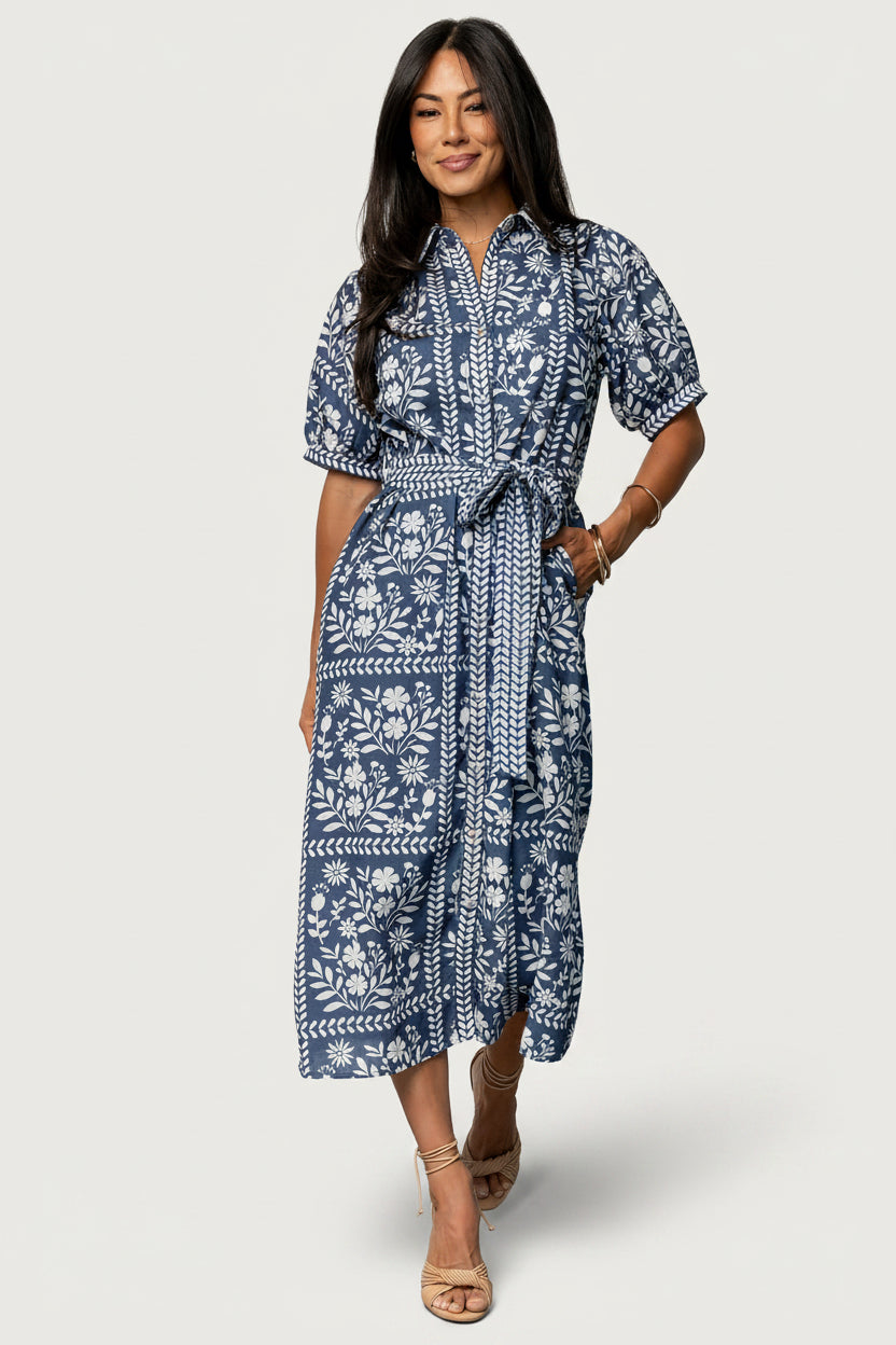 patterned midi dress Baltic Born Womens Karla Midi Dress | Deep Slate + White Floral