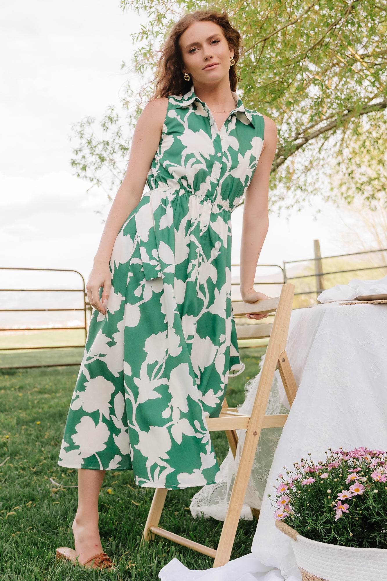 Baltic Born Womens Tatum Button Down Dress | Green + Off White
