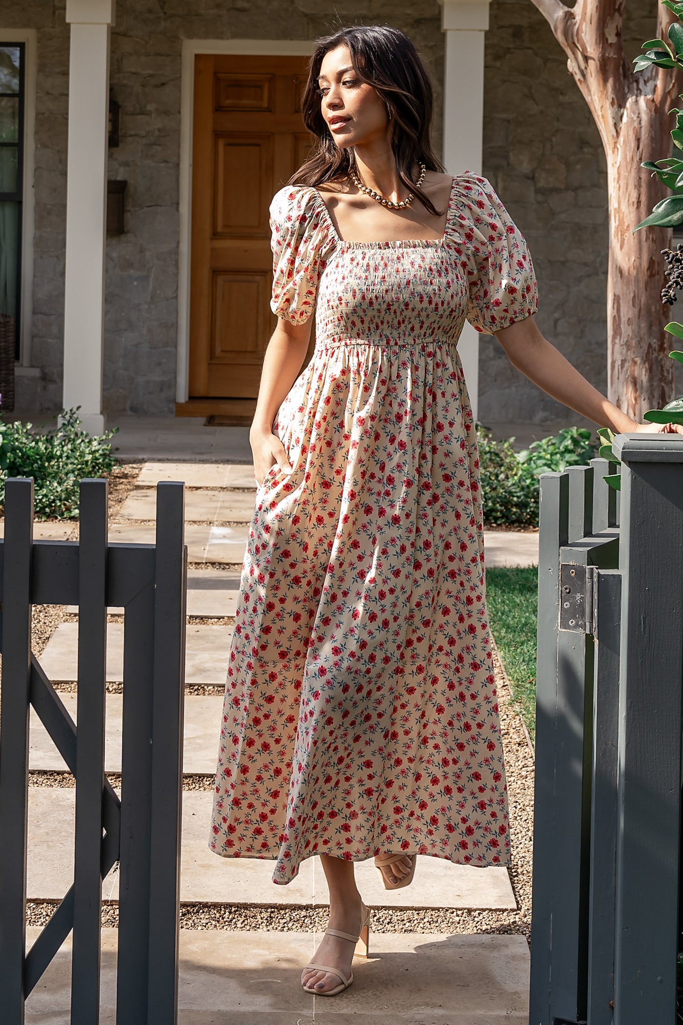 Haddie Smocked Midi Dress Cream Rose Floral - Main Image