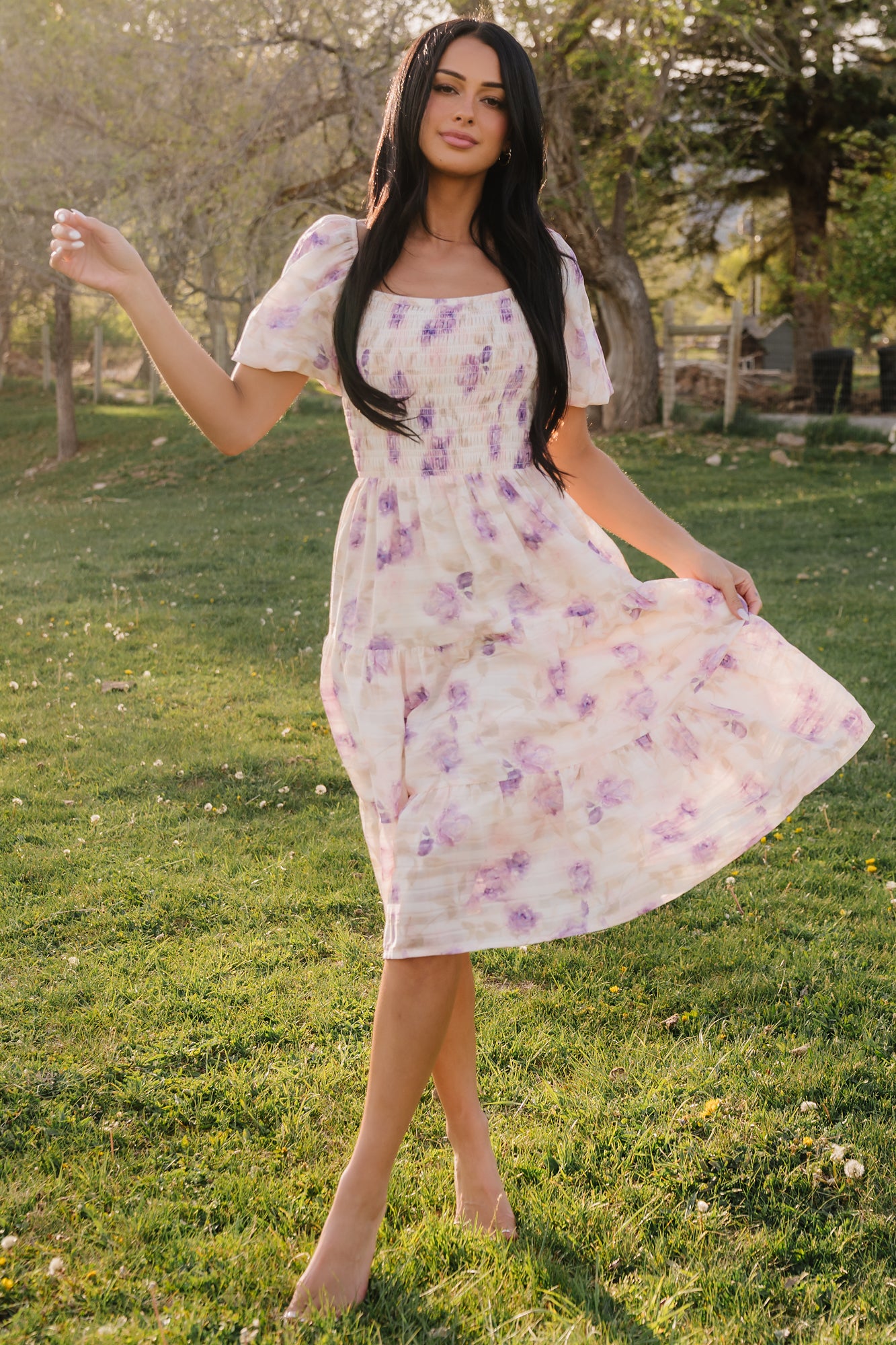 midi purple floral dress Mattea Smocked Midi Dress — Smocked Bodice