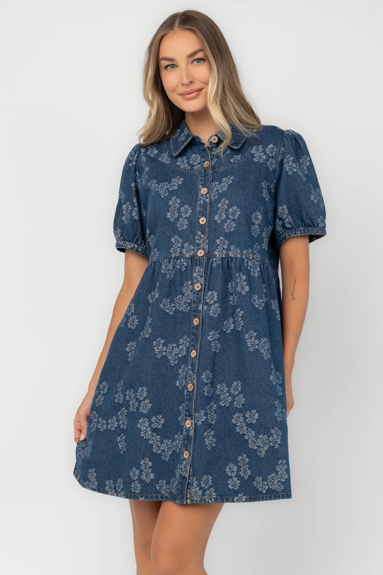 Tiff Button Up Short Dress | Medium Floral Wash