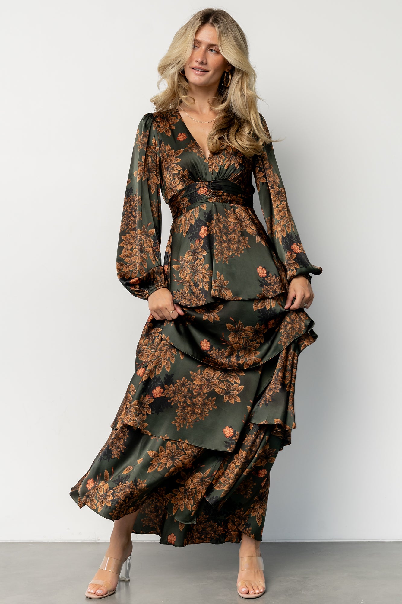 Montrouge Tiered Satin Dress | Olive Floral