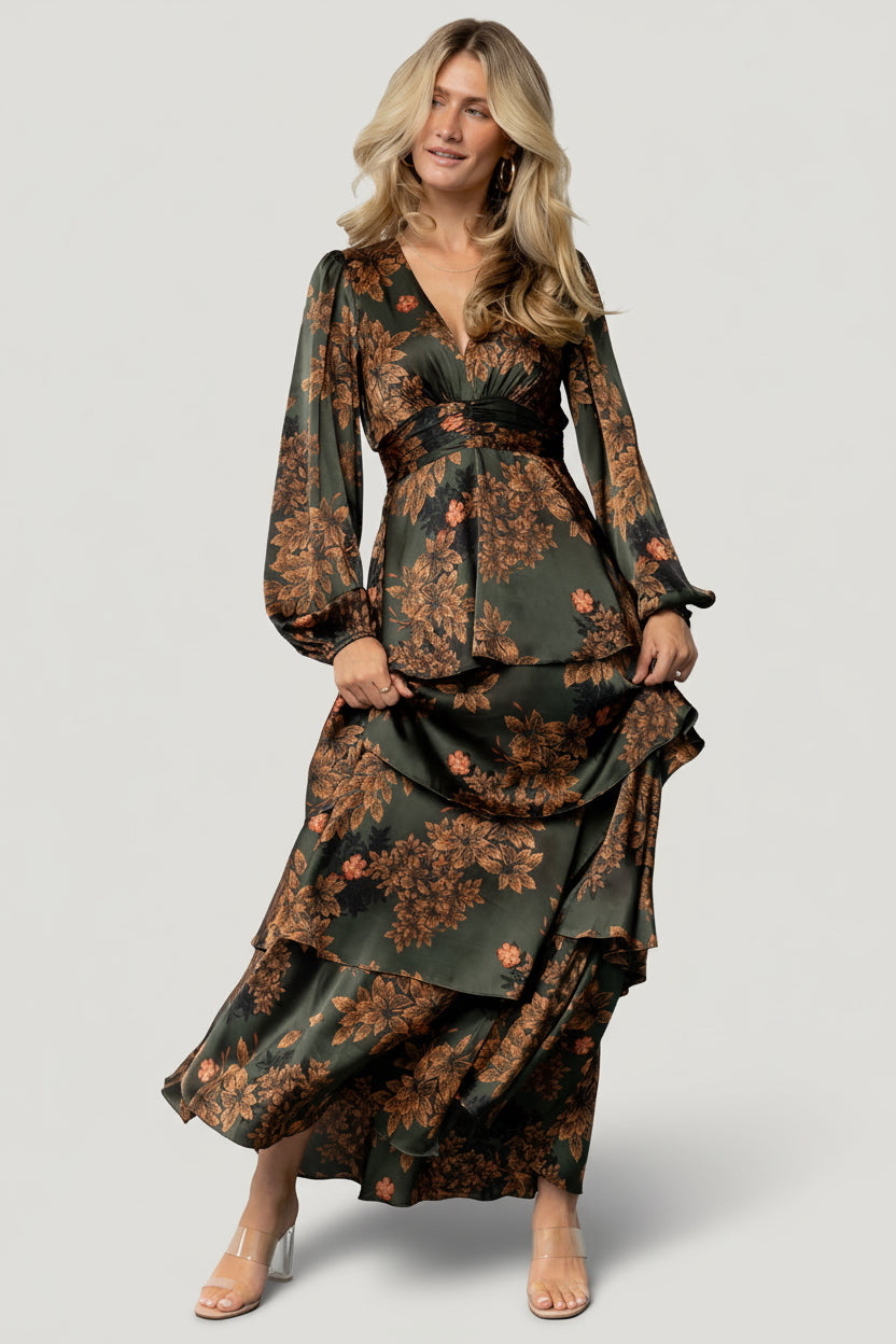 Detail view highlighting bodice lining, under-bust contour panel, and fine seam work of the Montrouge satin tiered maxi dress in olive floral print.