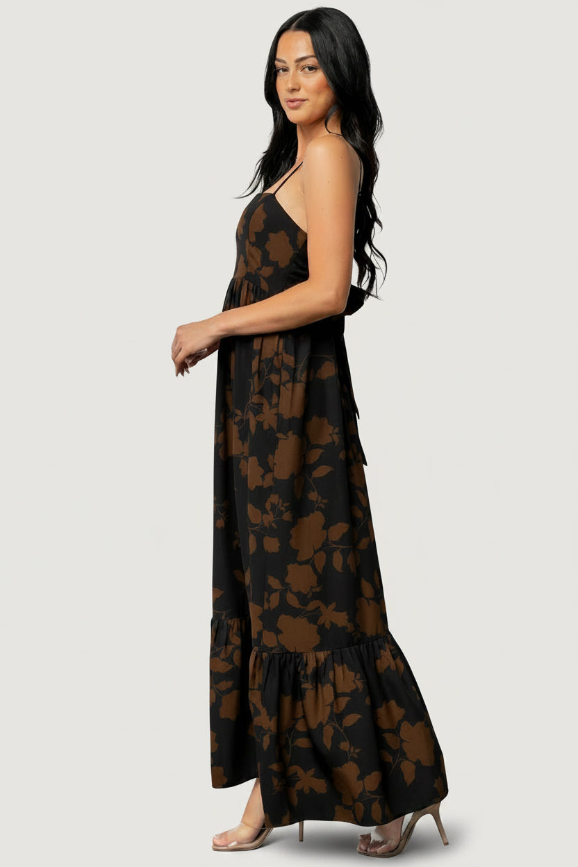 Close-up of Espresso Print chiffon fabric and lining, highlighting print detail, texture, and lightweight drape of the dress.