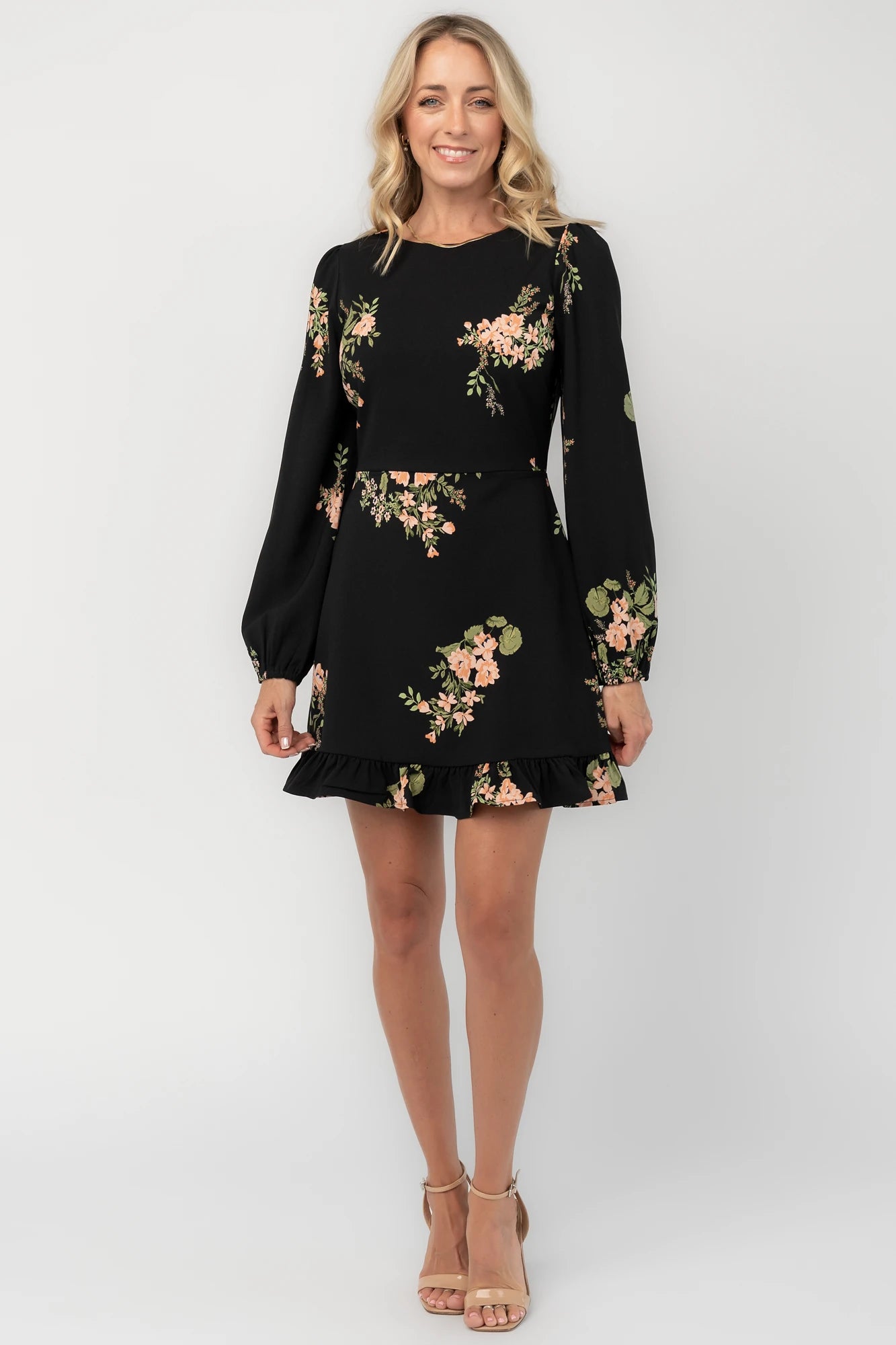 short long sleeve floral dress Baltic Born Womens Tylene | Black Keyhole opening and button size:38(M) 1031 Kardel_1028
