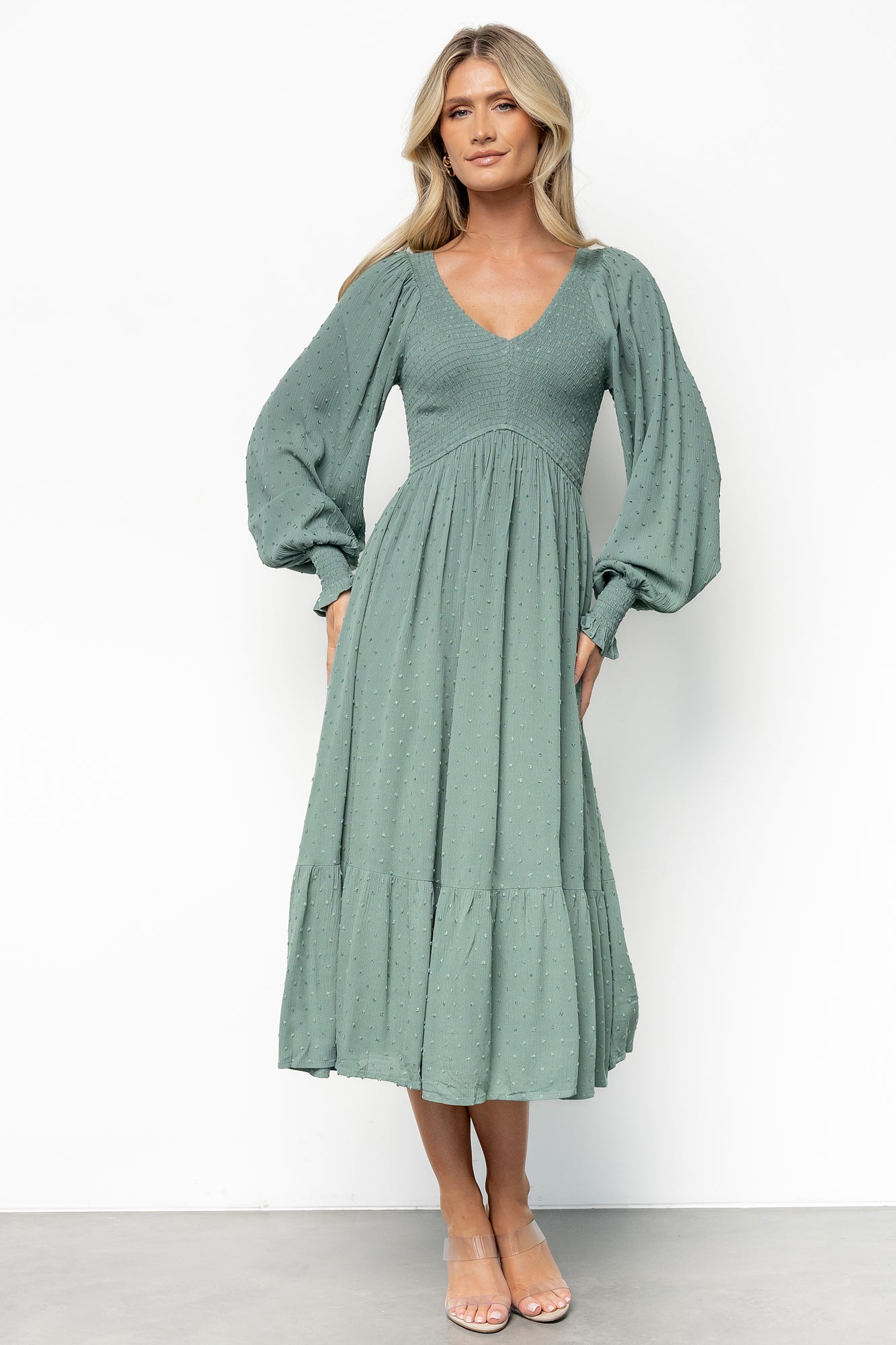 Lainey Smocked Dotted Midi Dress | Dark Sage Lainey Smocked Dotted Midi Dress | Dark Sage