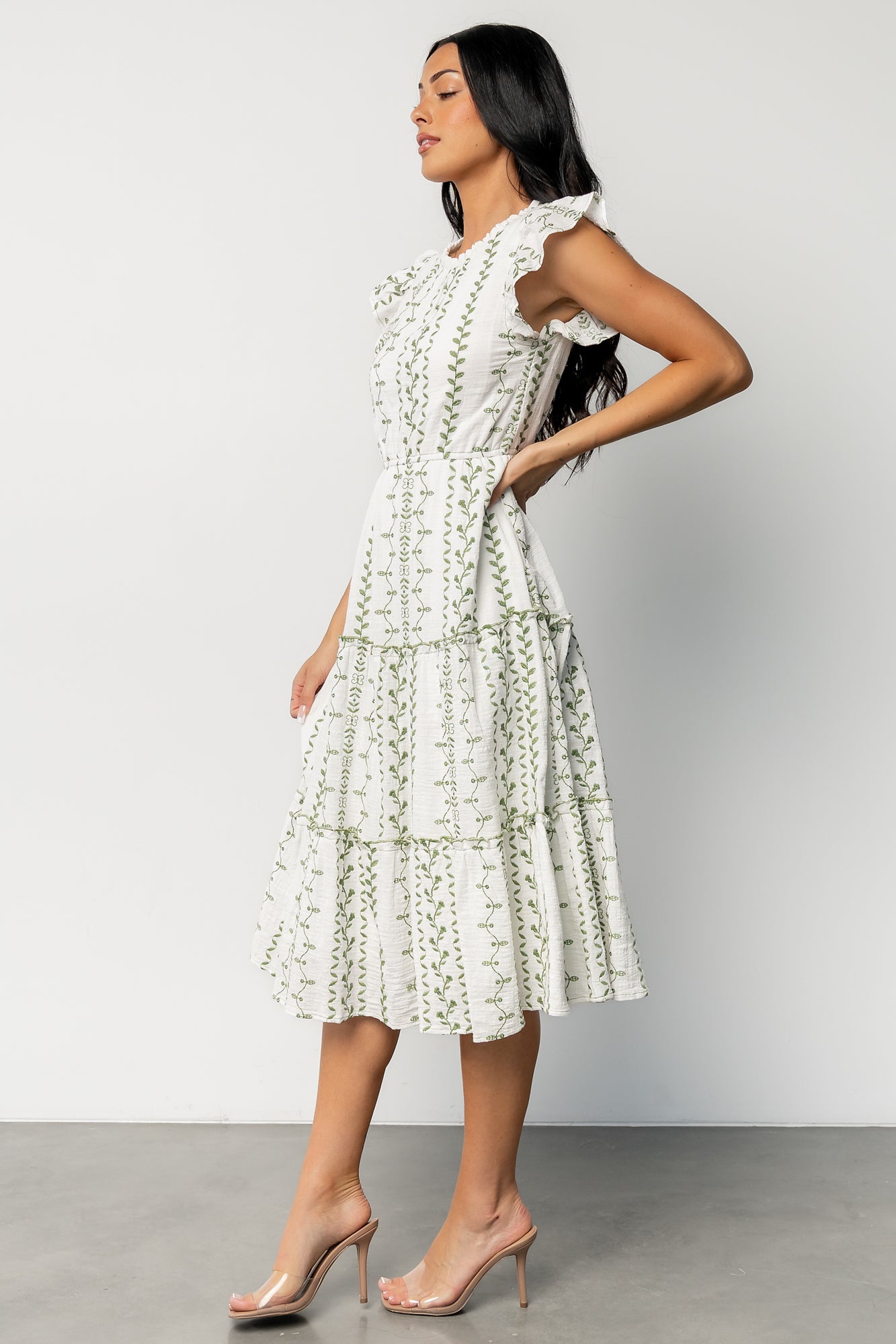 Frida Embroidered Midi Dress | White + Green Print