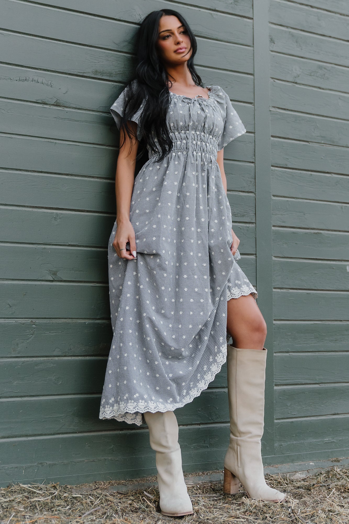 black gingham midi dress Faithfull The Brand Chiara Black Gingham Gathered Midi Dress