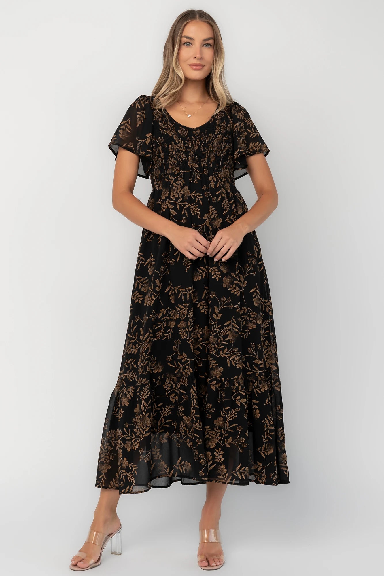 Monica Smocked Dress | Black + Gold