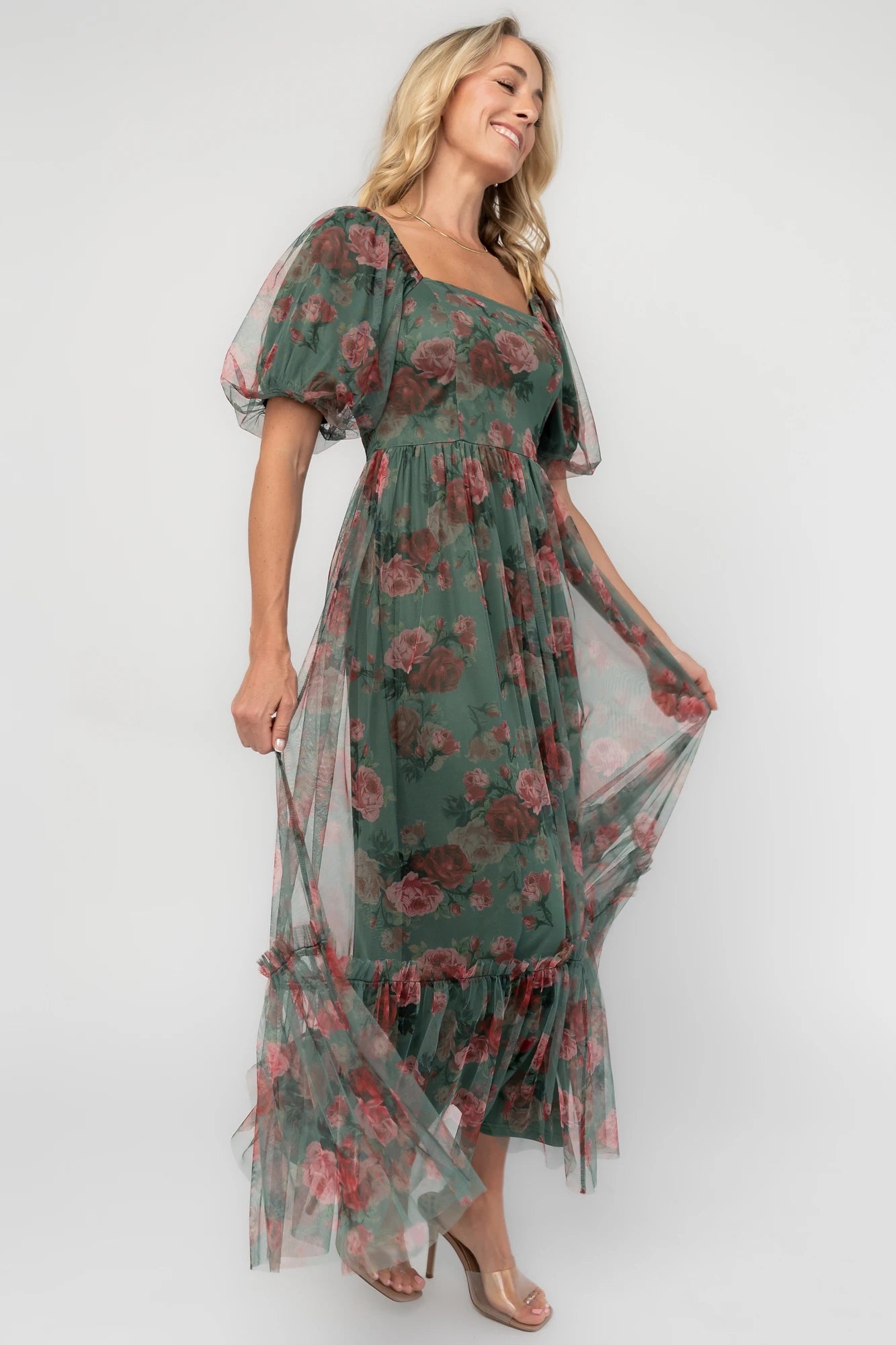 Floral tulle midi dress with a square neckline, short puff sleeves, smocked back, tiered skirt, and flowing silhouette.
