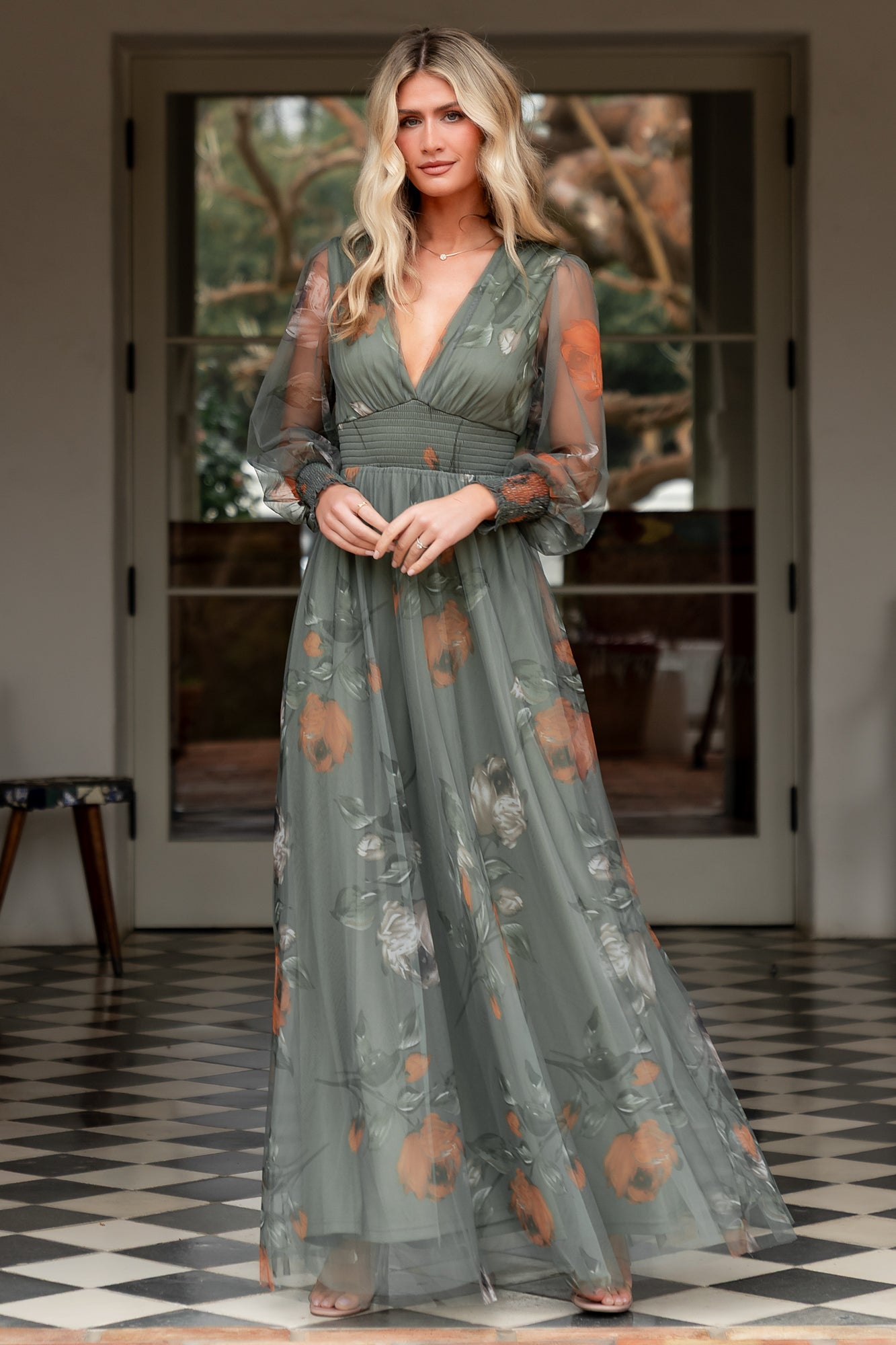 Layla Tulle Maxi Dress Dusty Olive Floral - Main Image