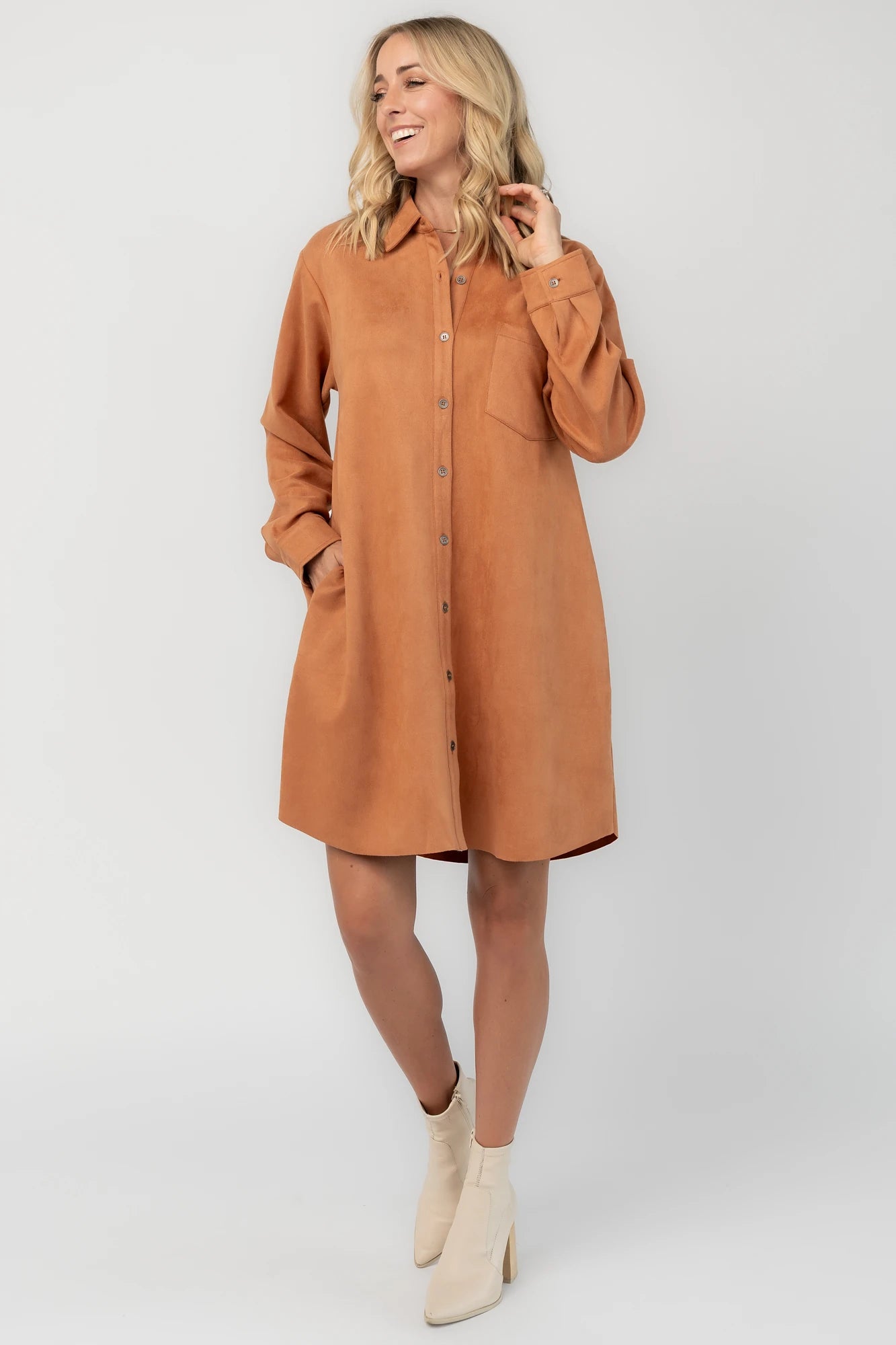 faux suede dress long sleeve Baltic Born Womens Owen Shirt | Camel Brilliant Wise Corp. Size:15 1/2 Plus-Size Off-Shoulder Prom Dress The Owen Faux Suede