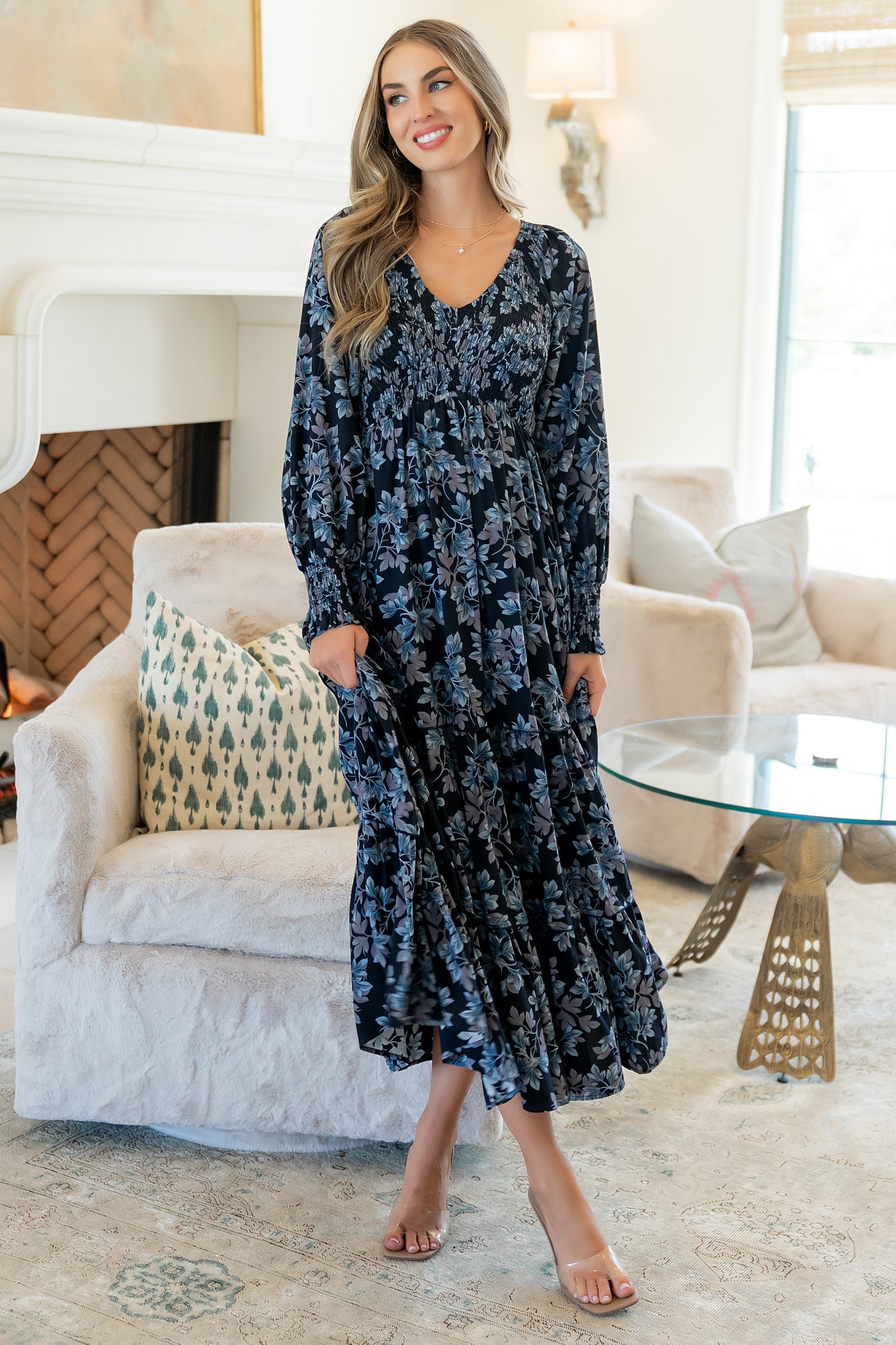 smocked long sleeve maxi dress Baltic Born Womens Rayna Smocked Dress | Midnight + Blue Floral