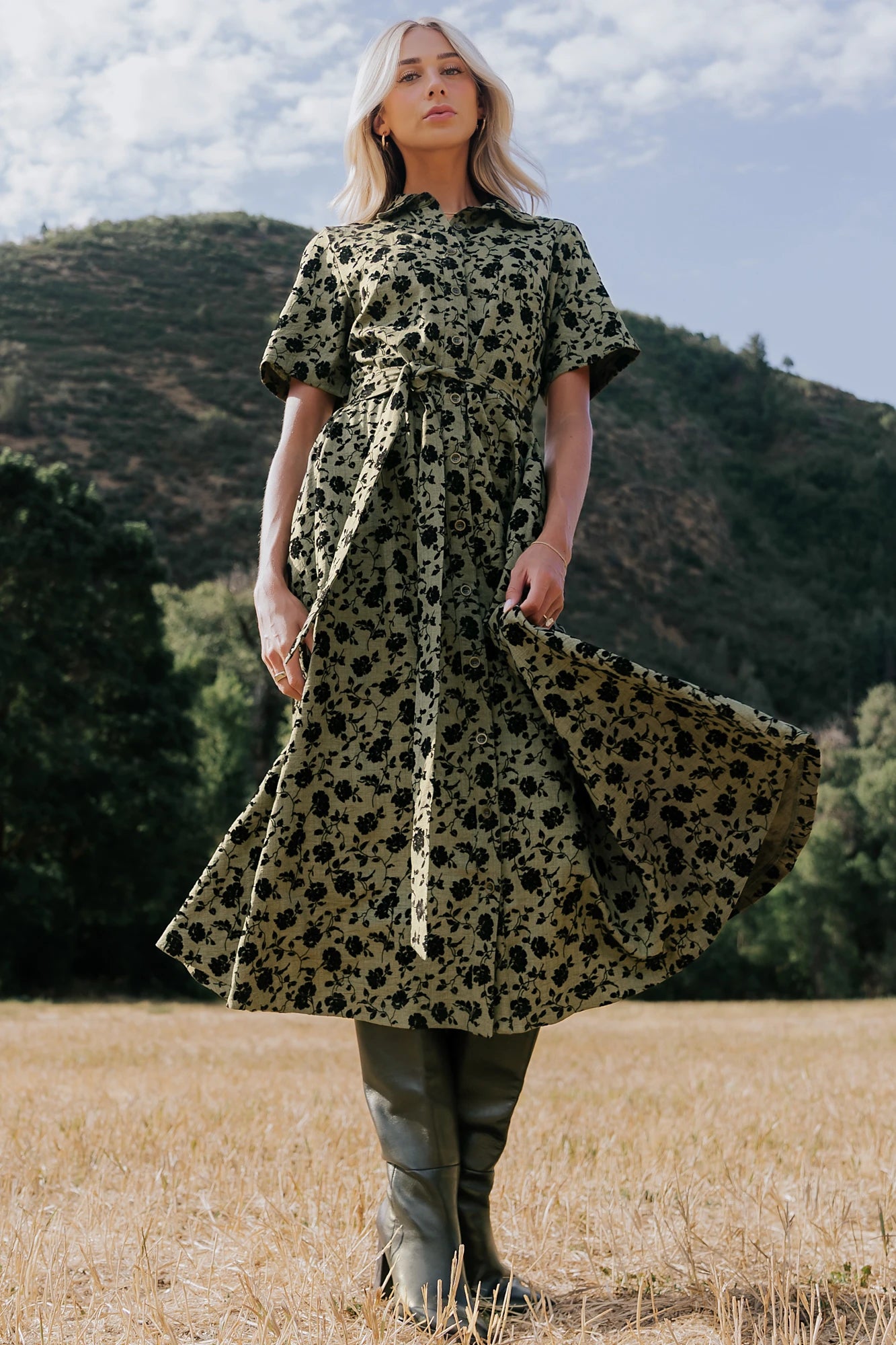 Baltic Born Womens Kristen Button Up Dress | Deep Olive Floral