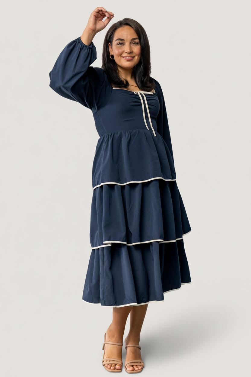 Barcelona Tiered Midi Dress - Navy Trim