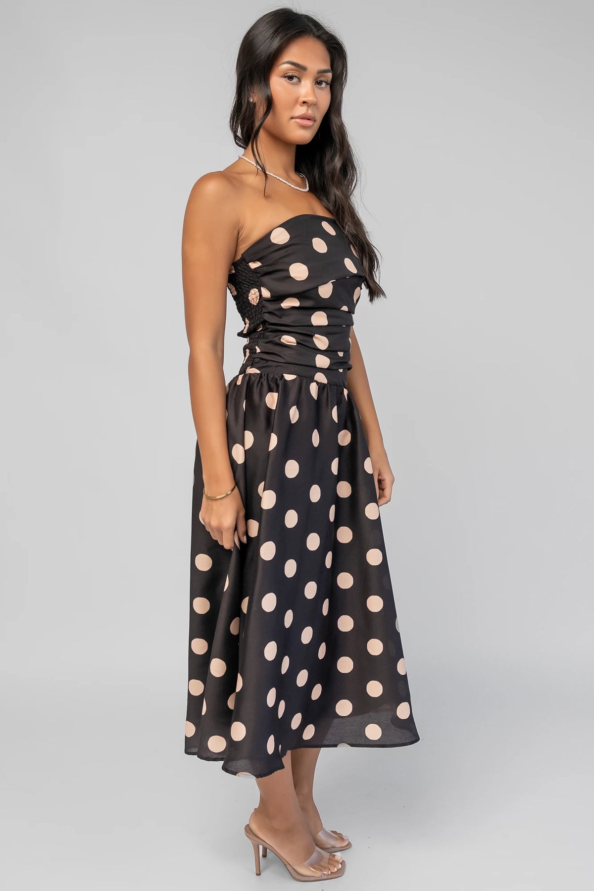Lucienne Strapless Midi Dress | Black + Beige Dot