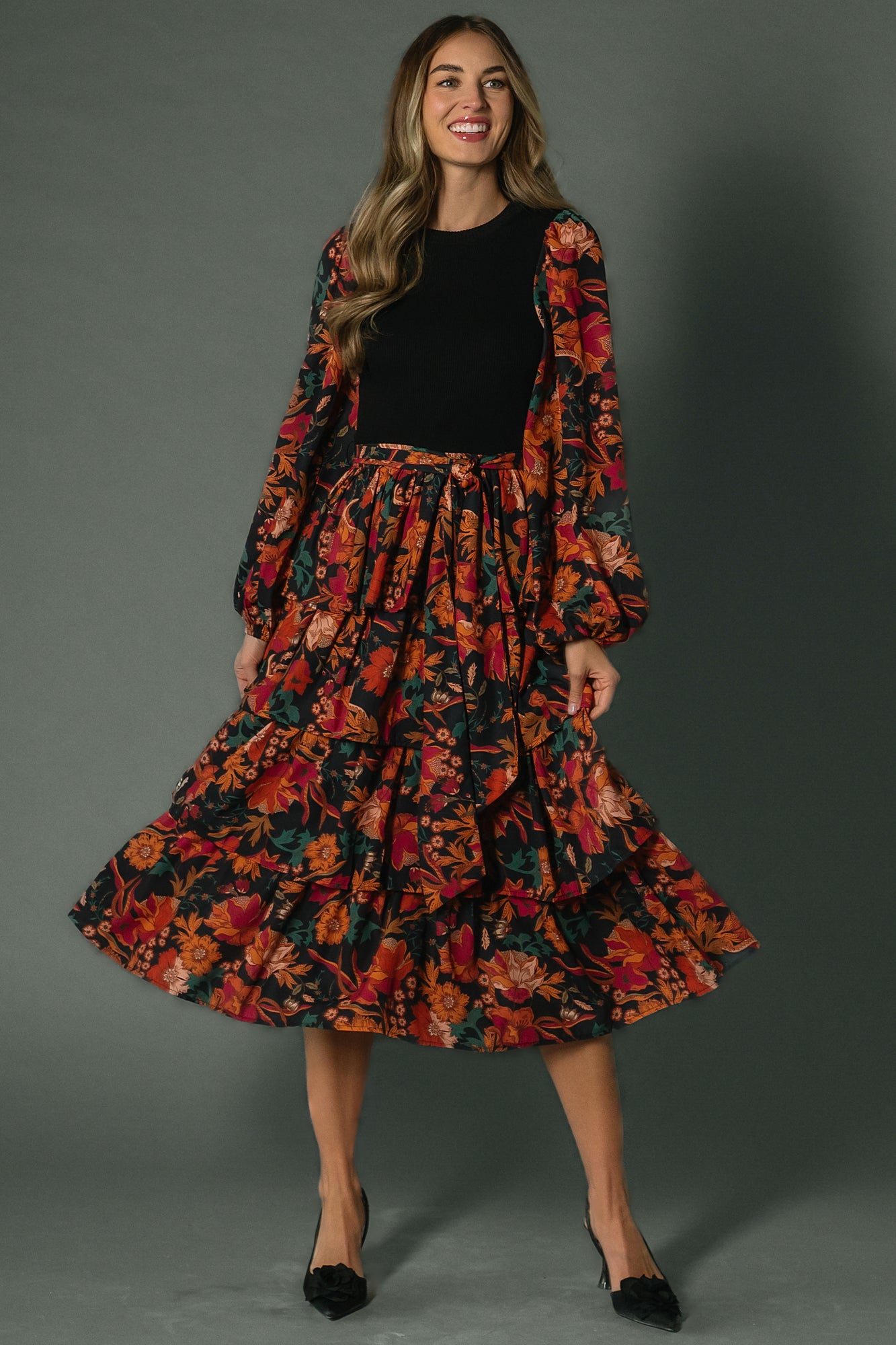 knee length dresses for ladies Black Floral Print Midi Dress – Mint Velvet