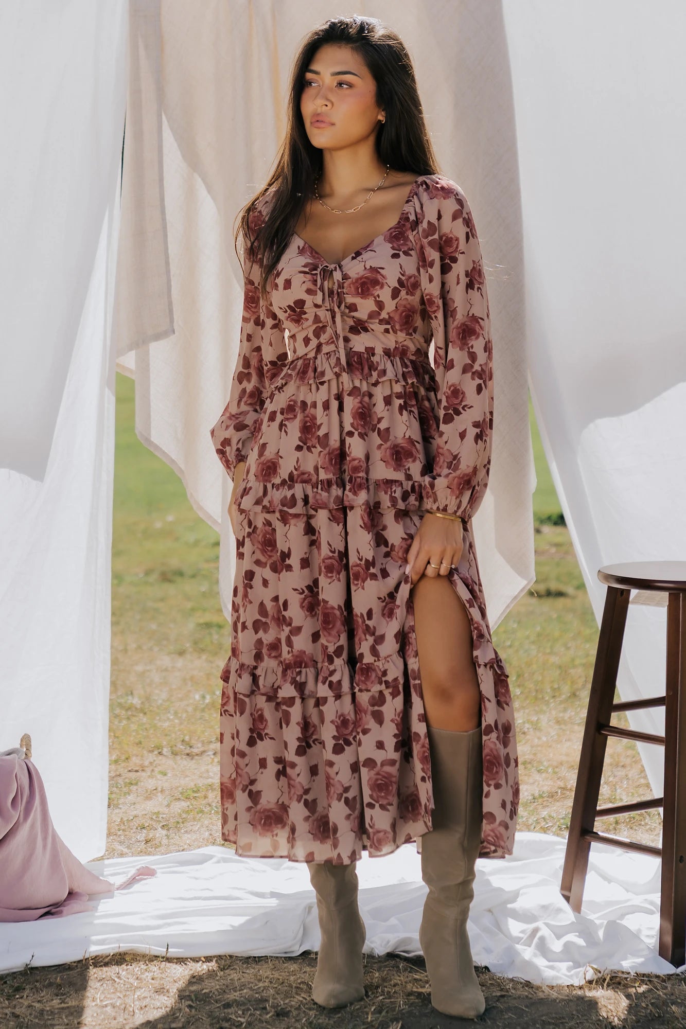 Baltic Born Womens Serena Tiered Maxi Dress | Vintage Mauve Floral