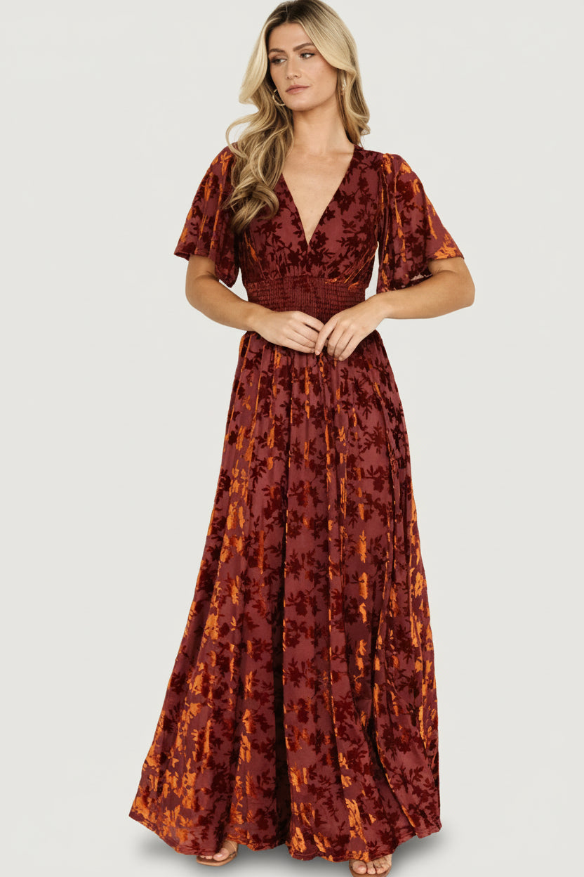 Baltic Born Womens Veronica Velvet Maxi Dress | Rust