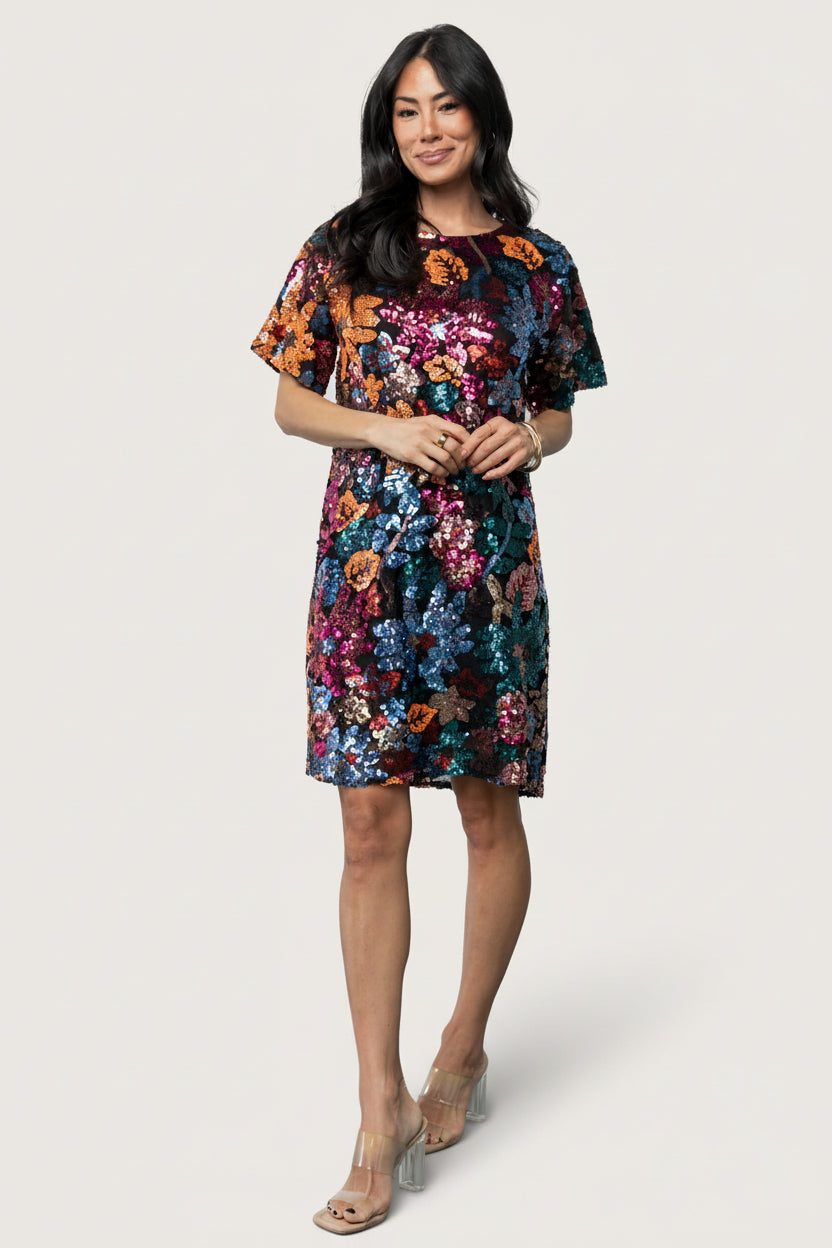 sequin short sleeve mini dress Baltic Born Womens Squires Sequin Short Dress | Black Multi