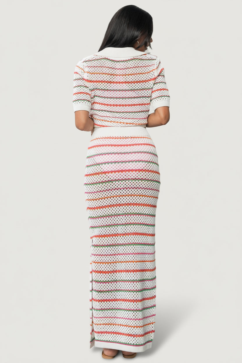 Back view of Viento Skirt in multi stripe illustrating elastic waistband, relaxed pencil silhouette and clean finish.
