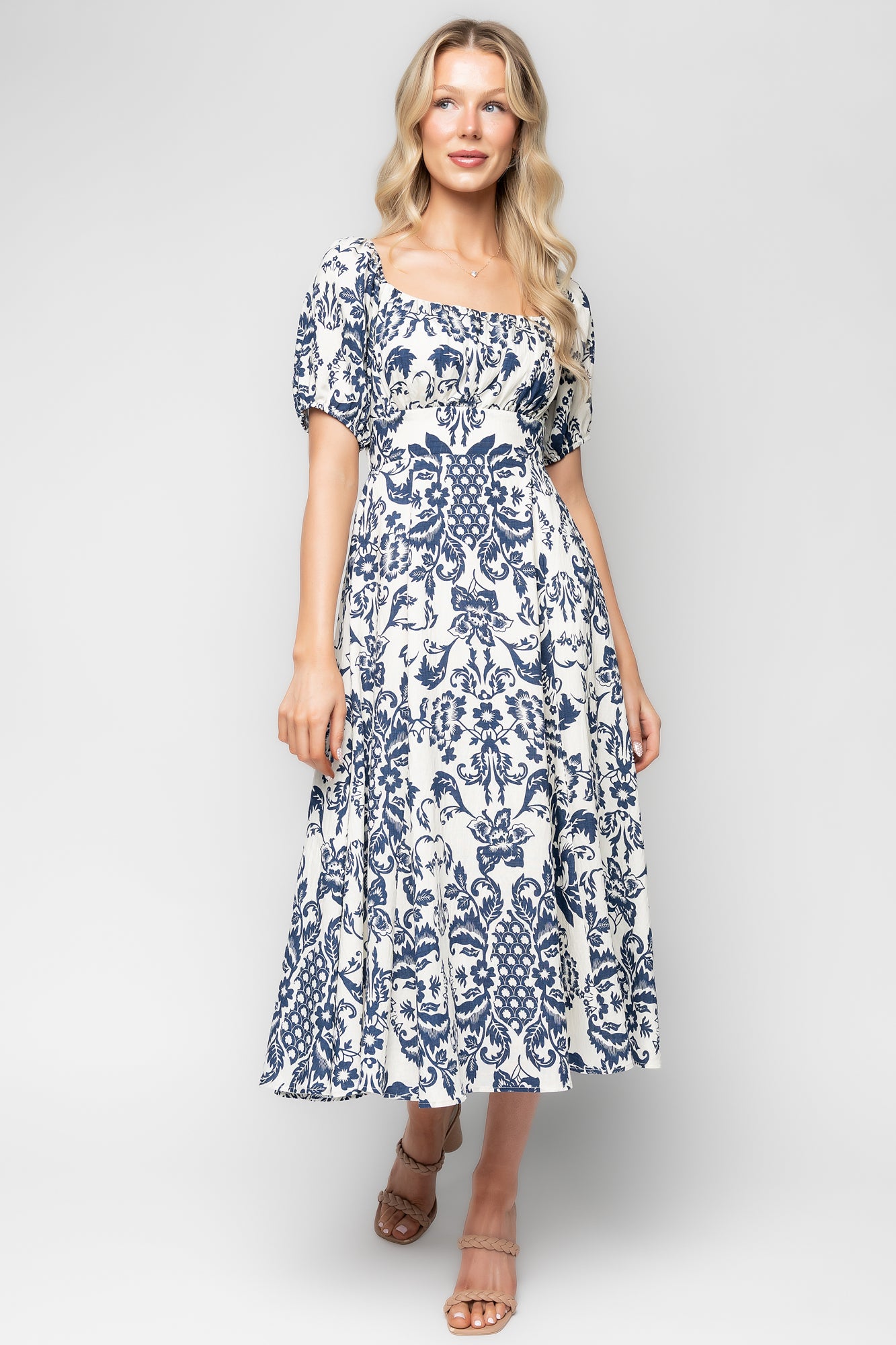 Charlotte Midi Dress | Ivory + Dark Blue