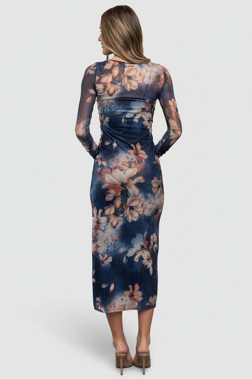Darya Mesh Midi Dress | Navy Floral