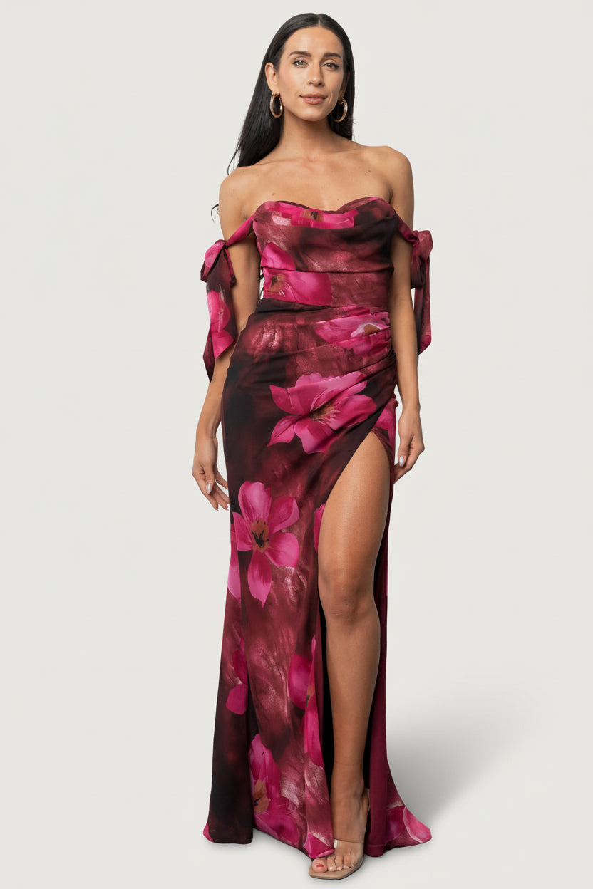 fitted lace wedding dress The Jocelyn Off-The-Shoulder Maxi Dress in Red Floral – Piper & Scoot main image 0