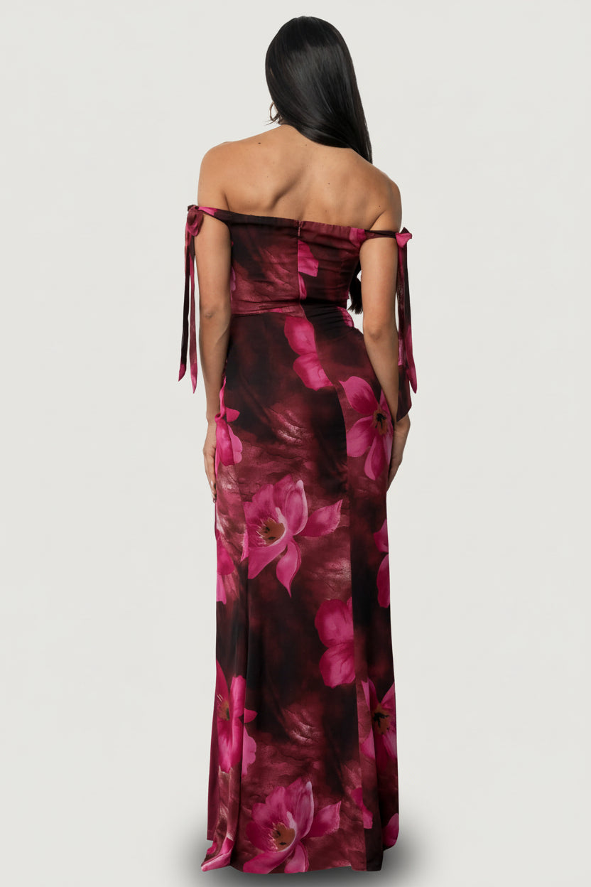 Side view of Allegra off-shoulder dress highlighting the tulip-style skirt, hidden zipper, and fully lined construction.