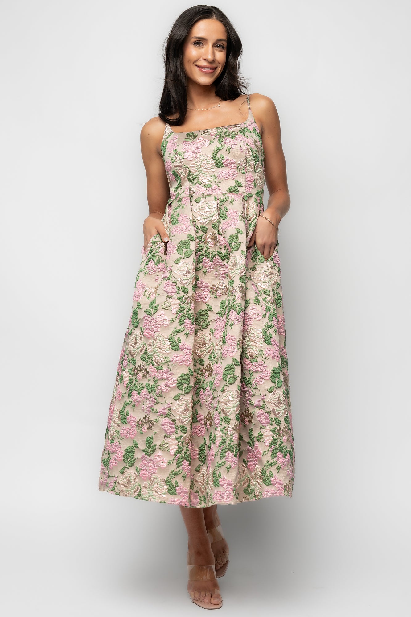 Antoinette Embossed Midi Dress | Champagne Multi Floral Antoinette Embossed Midi Dress | Champagne Multi Floral