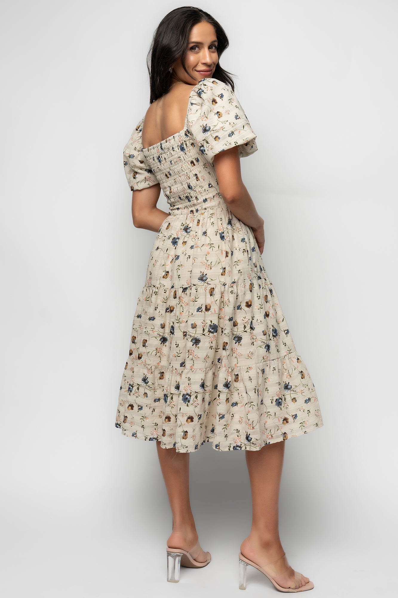 Mattea Smocked Midi Dress | Beige Floral