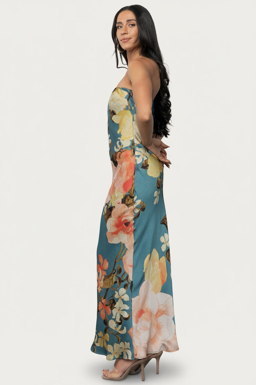 Hermosa Strapless Maxi Dress | Teal Multi Floral