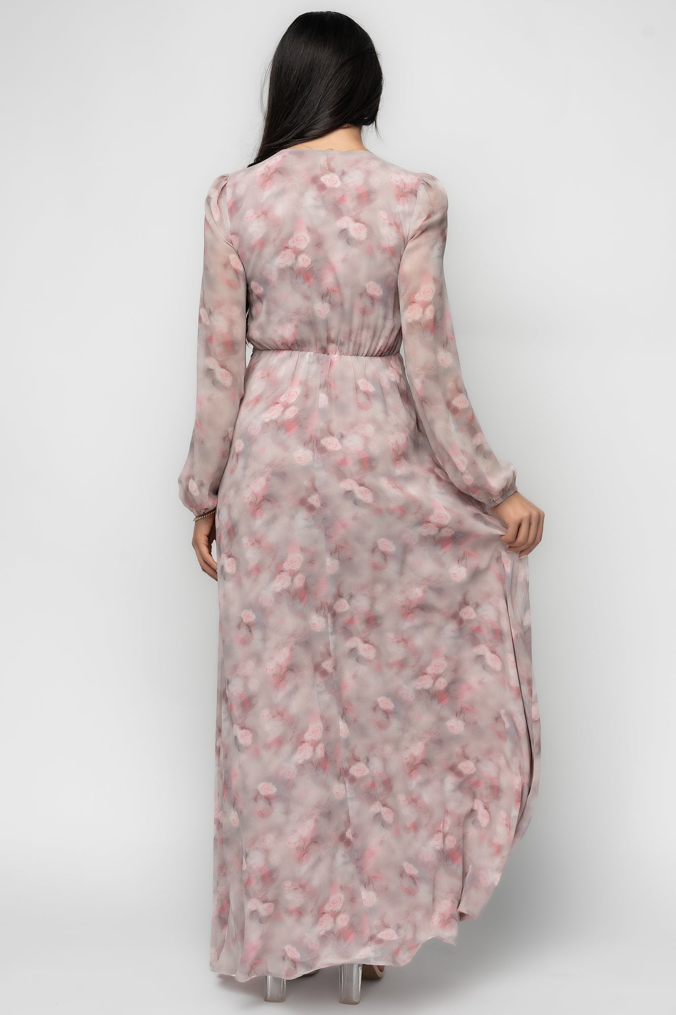 Styled detail: long chiffon sleeve with elastic cuff and gathered shoulder detail on Ensley Maxi Dress, Dusty Rose Floral.