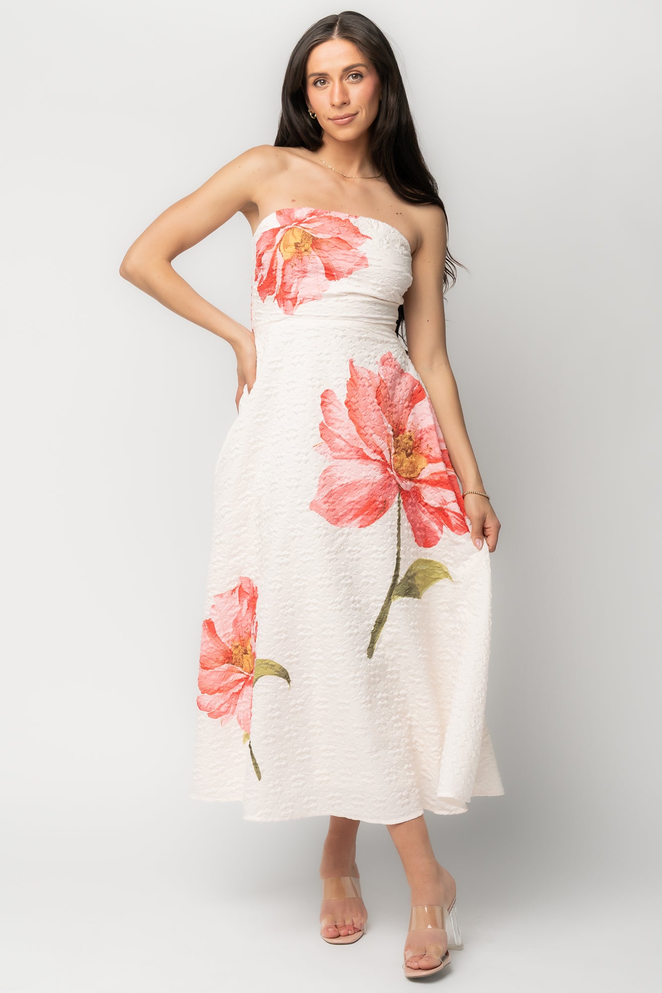 Genesis Strapless Midi Dress | White + Pink Floral