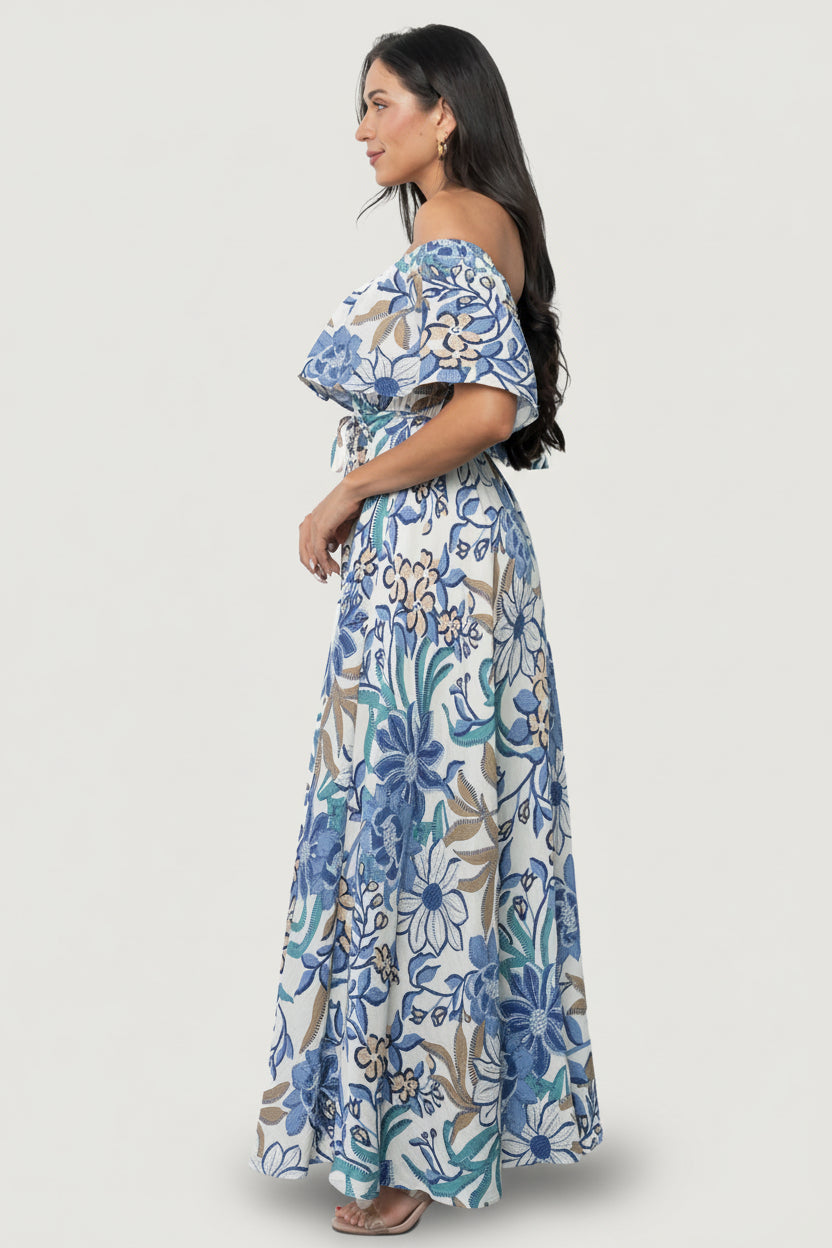 Valentina Off Shoulder Maxi Dress | Cream + Blue Multi