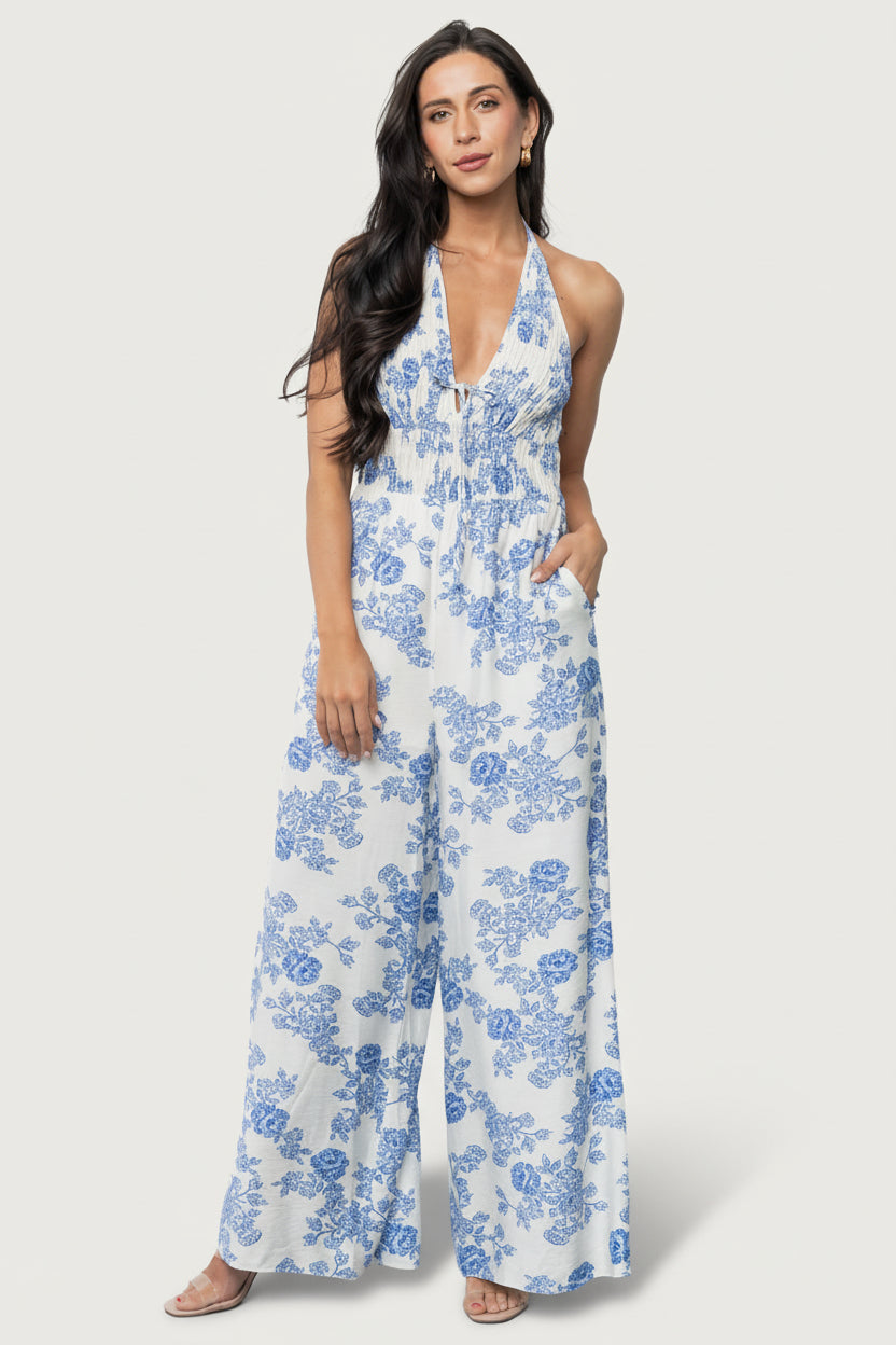 Baltic Born Womens Promesa Halter Jumpsuit | Blue Floral