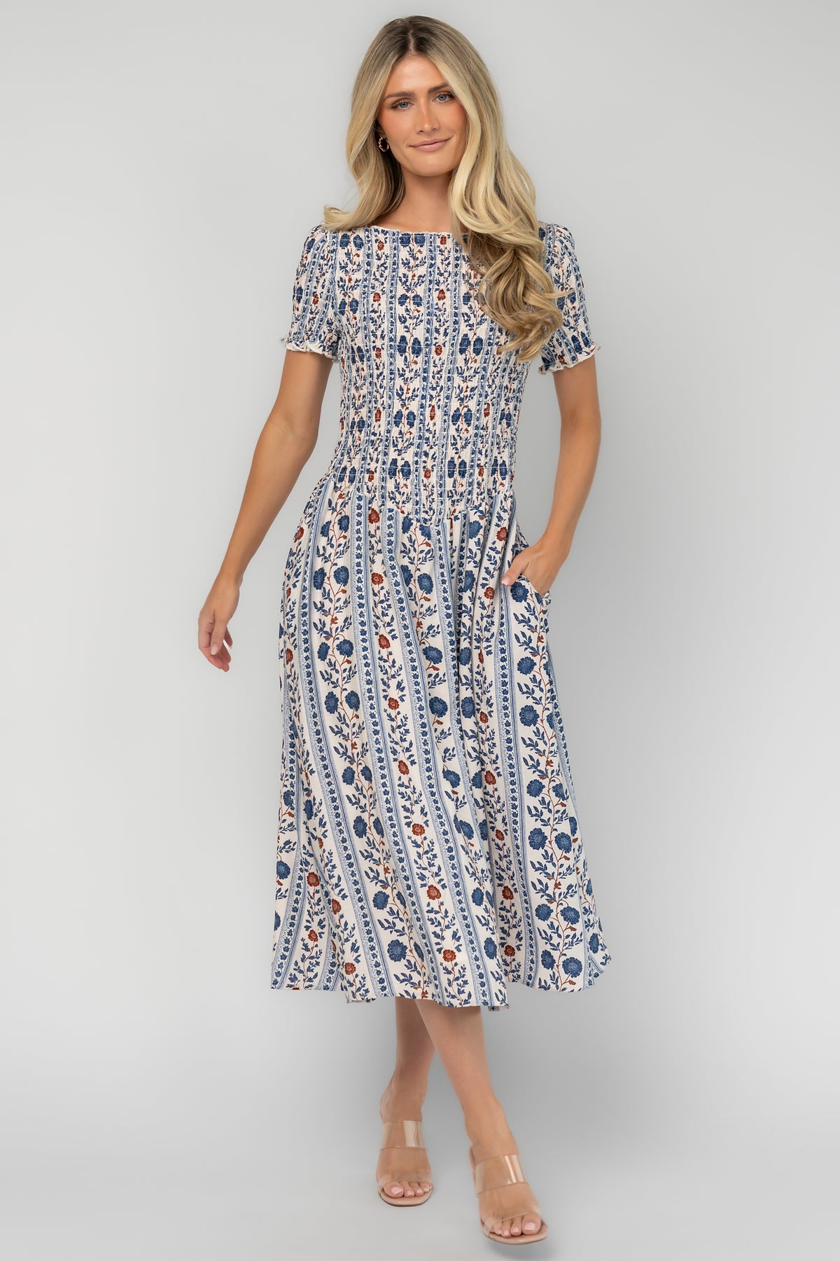 Rhonda Smocked Midi Dress | Blue Floral