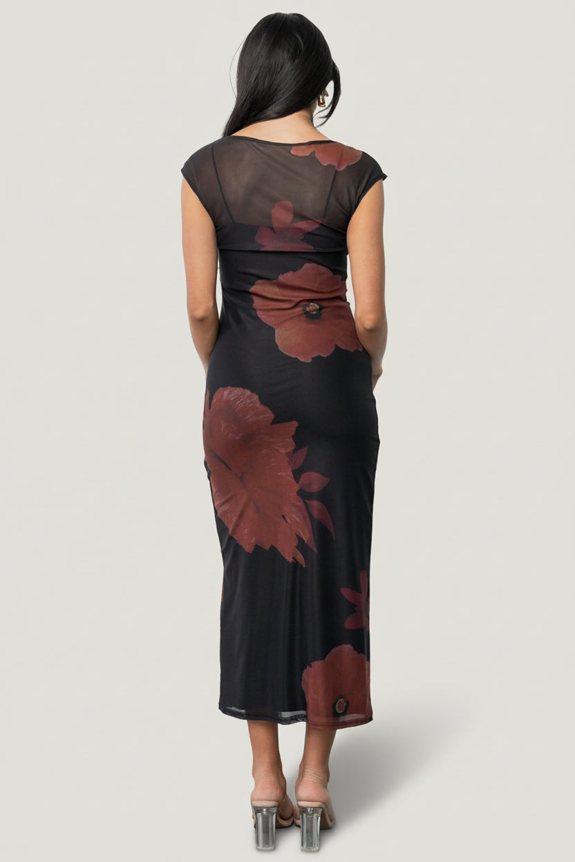 Daniela Mesh Midi Dress | Black Floral