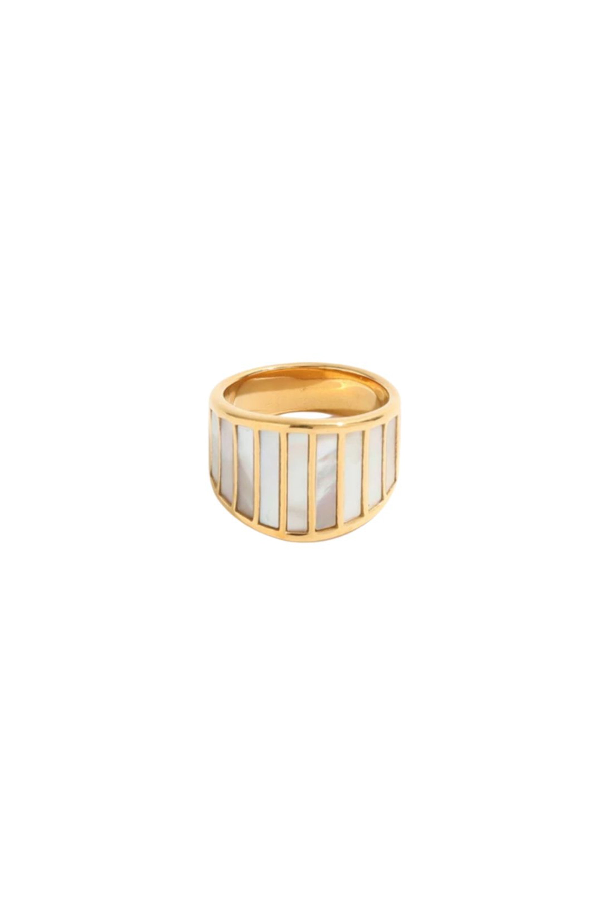 Angled product shot of the Alys ring highlighting the gold-inlay panels and vertical panel design, with subtle mother-of-pearl texture and shine.
