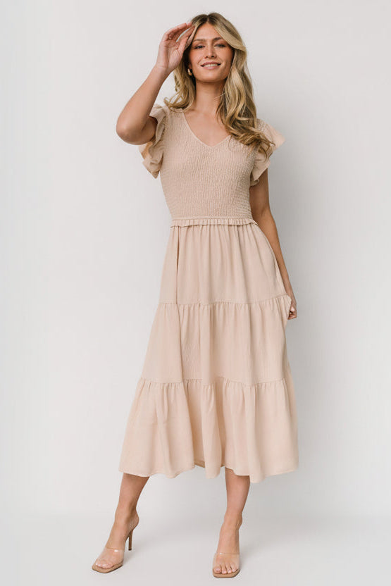 Afton Smocked Tiered Midi Dress - Sand | Baltic Born XL Afton Smocked Tiered Midi Dress - Sand | Baltic Born XL