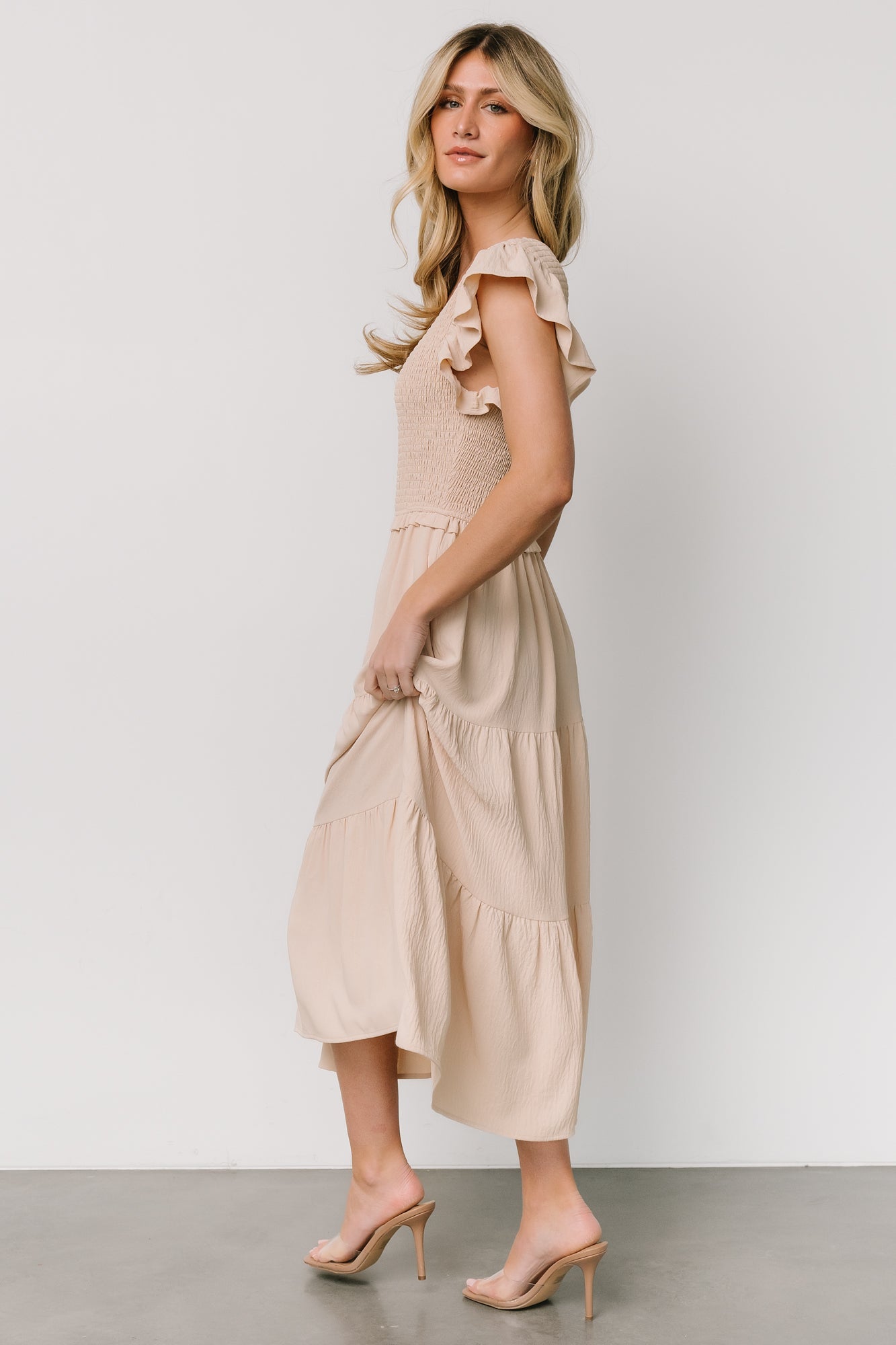 Afton Smocked Tiered Dress | Sand - Baltic Born