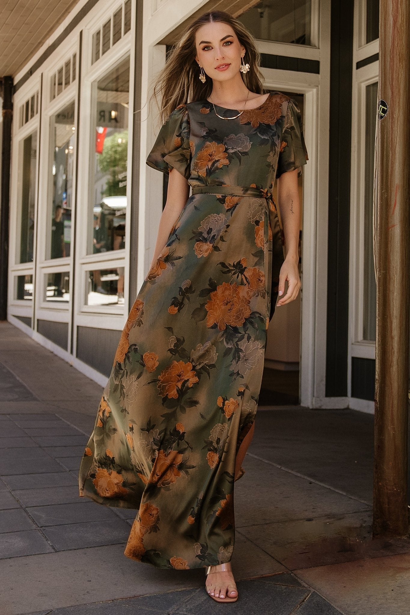 Agnes Satin Maxi Dress Olive Floral - Main Image