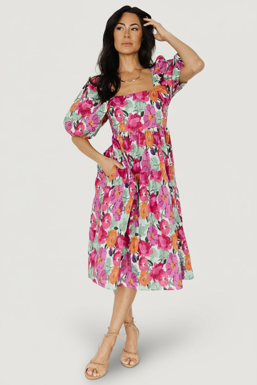 Aimee Puff Sleeve Midi Dress | Pink Multi - M Aimee Puff Sleeve Midi Dress | Pink Multi - M