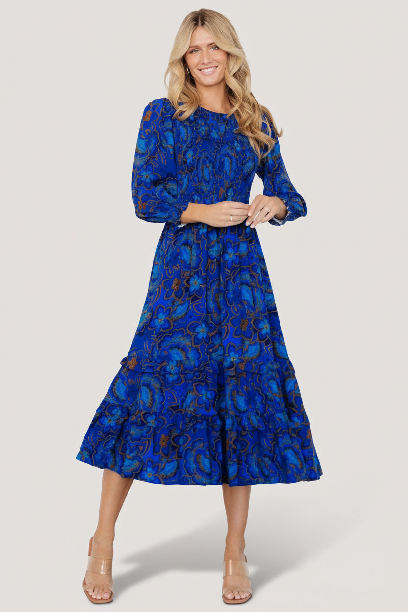 floral dressed up royal blue floral print midi dress Flapper Dress for Vintage 1920s Outfit in Blue Style PS23906