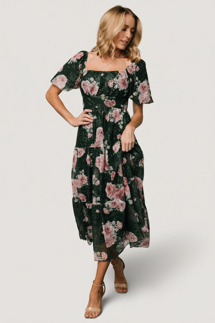 Annabeth Midi Dress | Dark Green + Pink