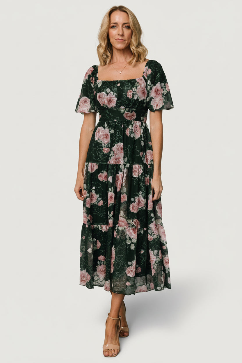 Annabeth Midi Dress | Dark Green + Pink Annabeth Midi Dress | Dark Green + Pink